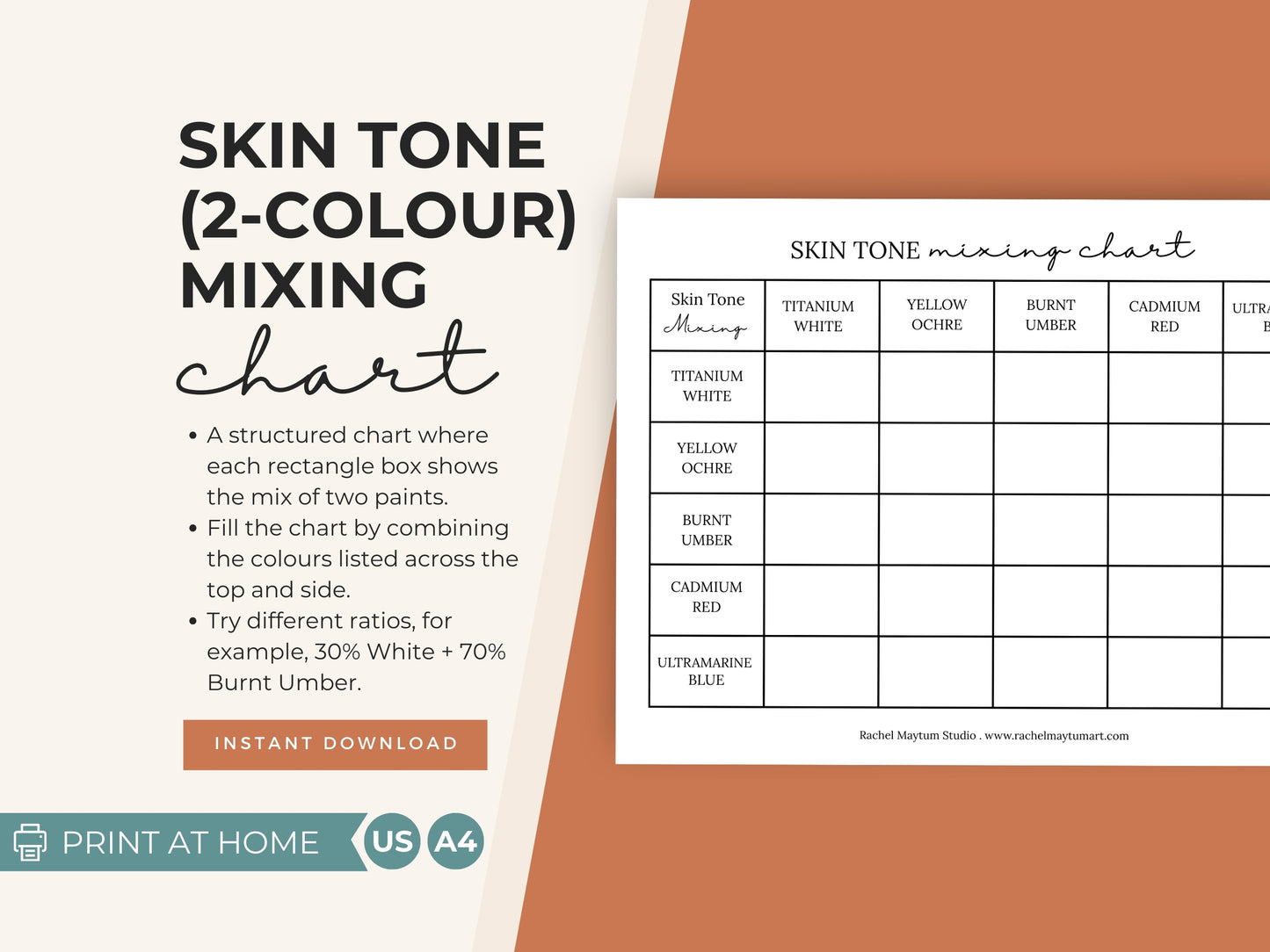 Skin Tone Mixing Charts | Printable Acrylic Painting Worksheets | Colour Mixing Guide for Artists (Set of 2)