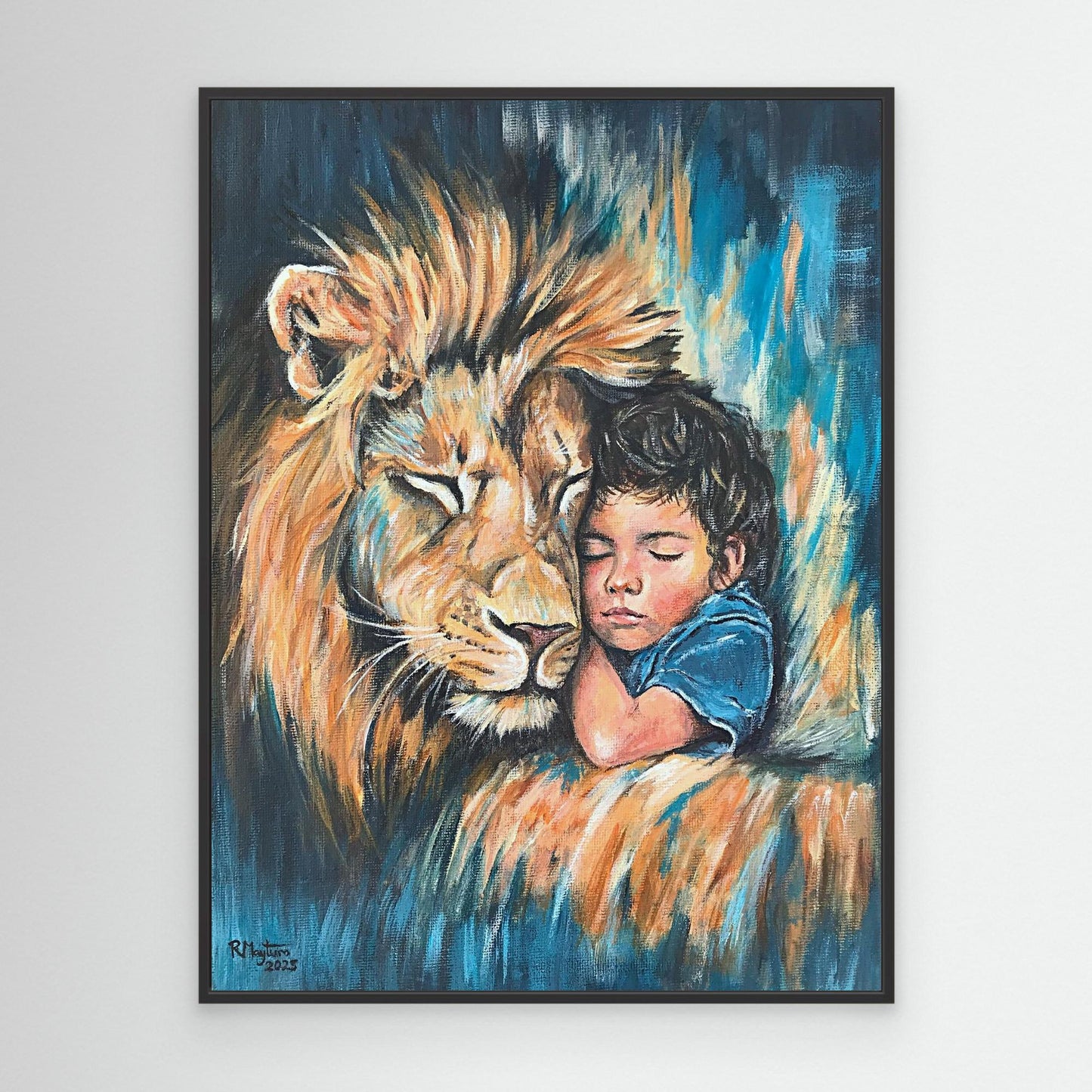 Rest in His Strength - Lion and Child Acrylic Canvas Print