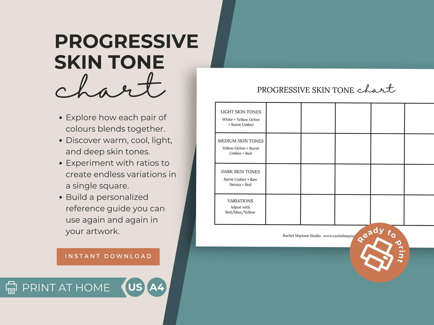 Skin Tone Mixing Charts | Printable Acrylic Painting Worksheets | Colour Mixing Guide for Artists (Set of 2)