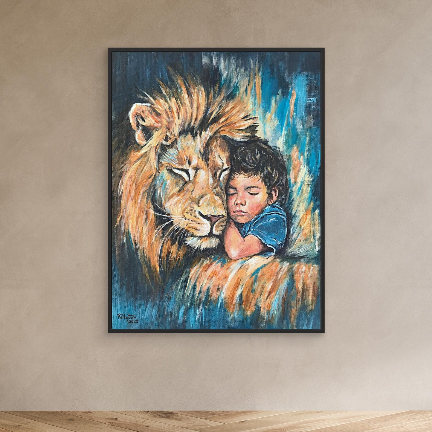 Rest in His Strength - Lion and Child Acrylic Canvas Print