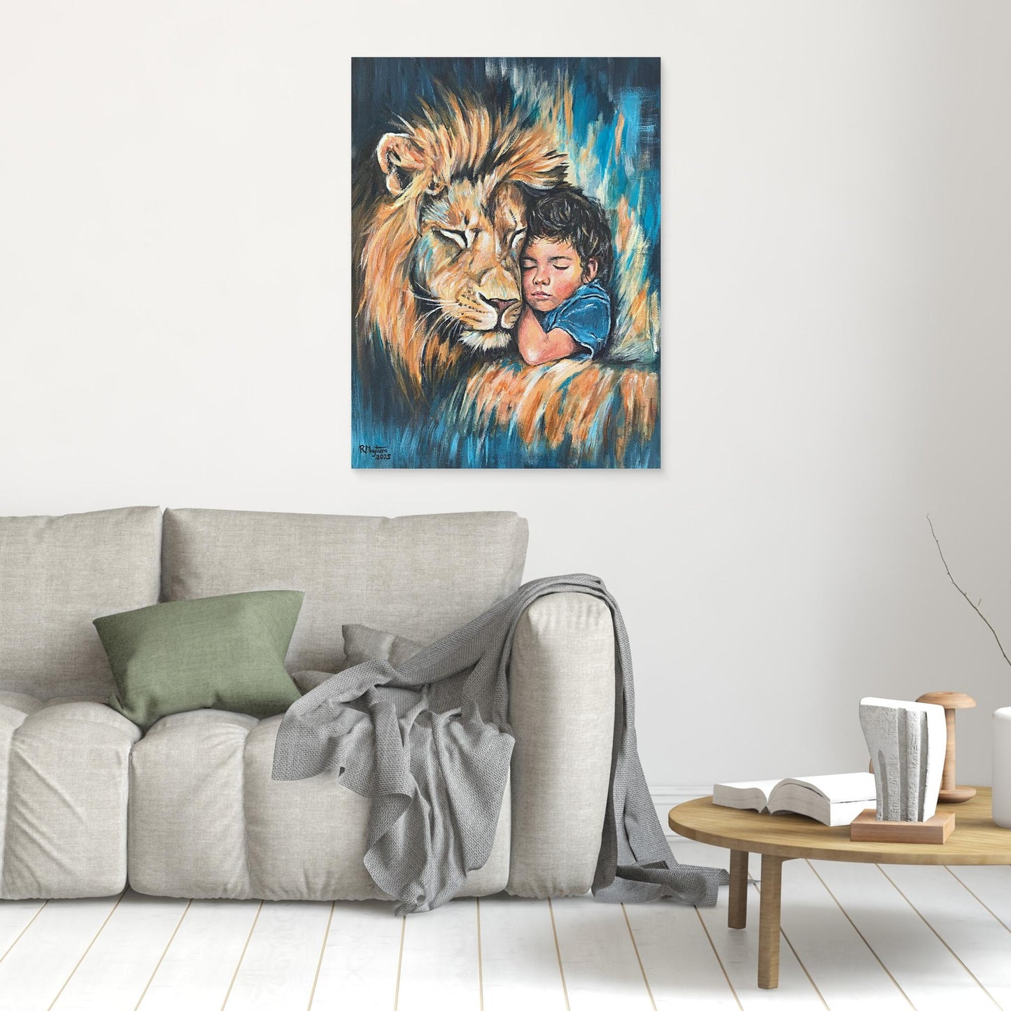 Rest in His Strength - Lion and Child Acrylic Canvas Print