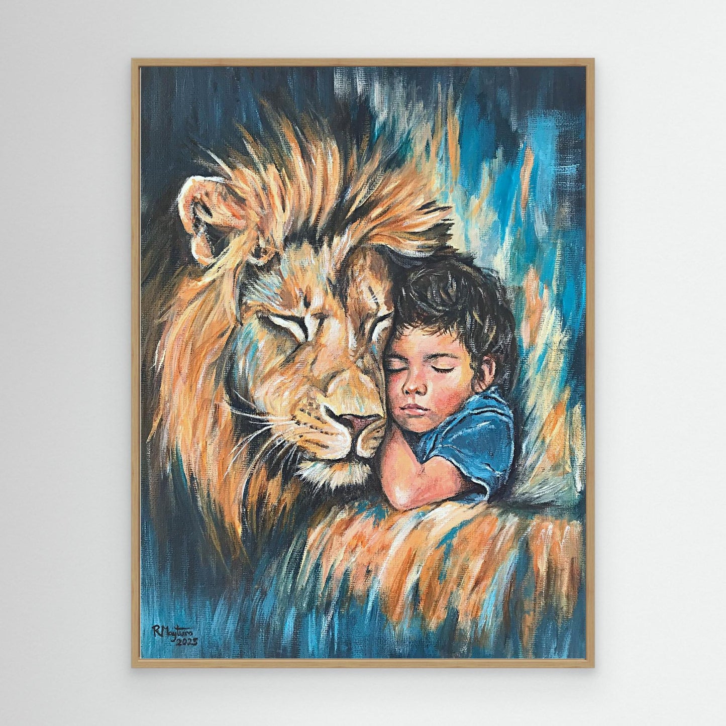 Rest in His Strength - Lion and Child Acrylic Canvas Print