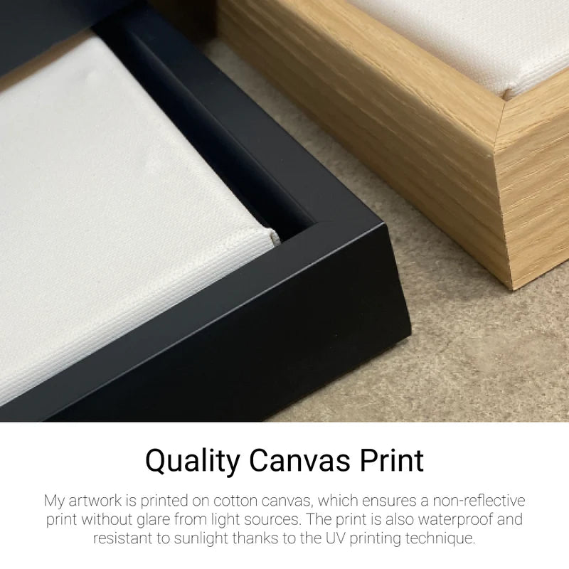 Canvas print with black frame on a textured surface
