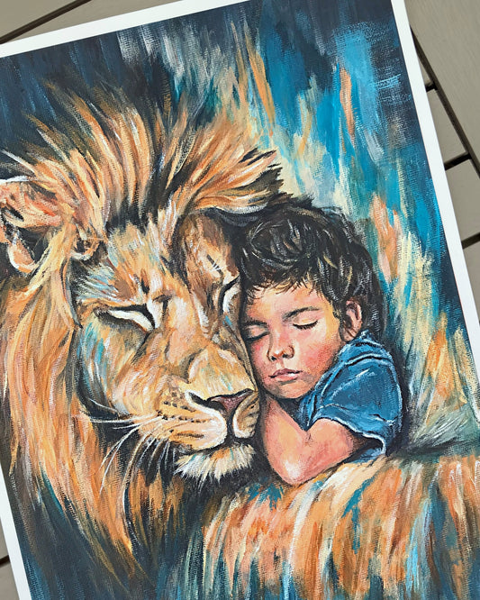 Rest in His Strength - Lion and Child Acrylic Portrait (Open Edition) Fine Art Giclée Print