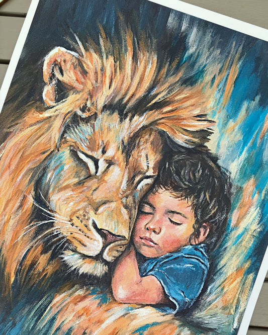 Rest in His Strength - Lion and Child Acrylic Portrait (Open Edition) Fine Art Giclée Print