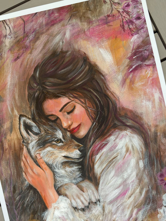 Artistic depiction of a woman hugging a wolf with a soft, pastel color palette.
