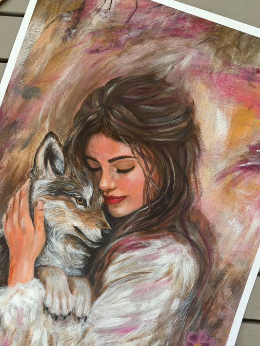 Artistic depiction of a woman hugging a wolf with a soft, warm color palette.