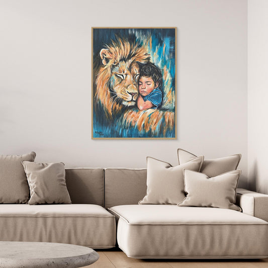 Rest in His Strength - Lion and Child Acrylic Canvas Print