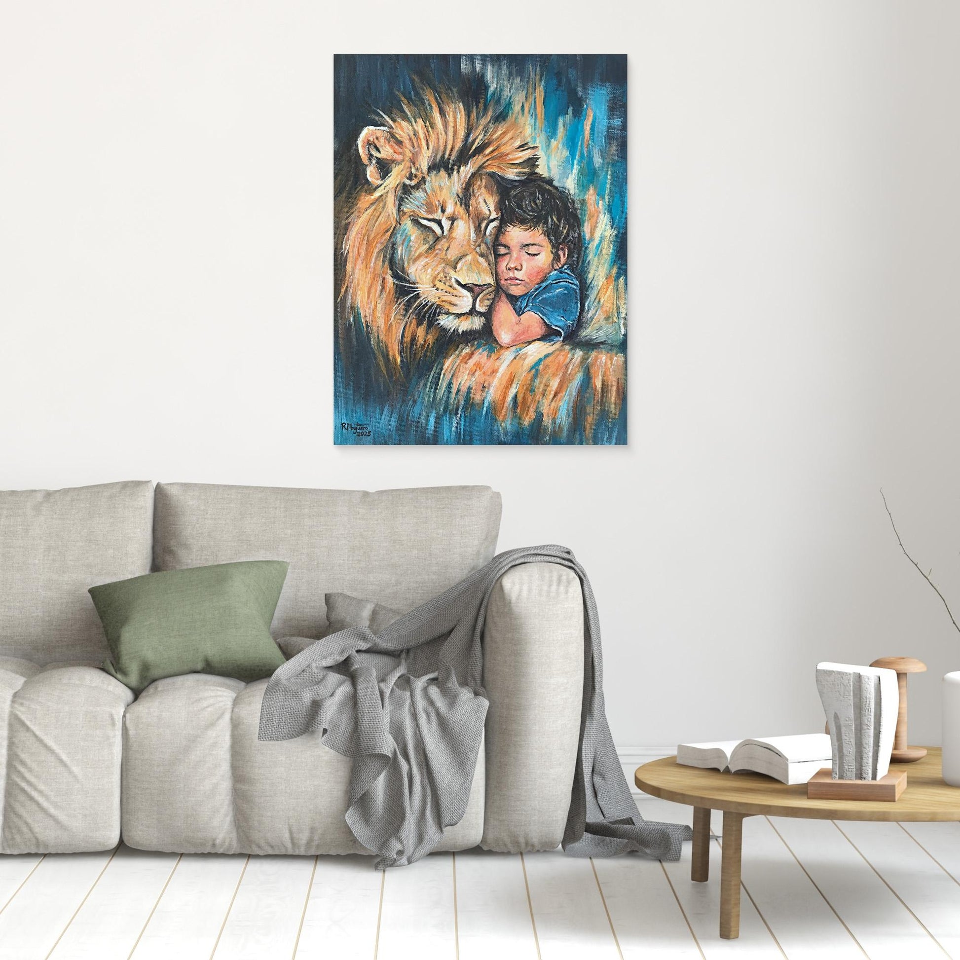 Rest in His Strength - Lion and Child Acrylic Canvas Print