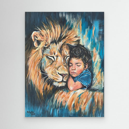 Rest in His Strength - Lion and Child Acrylic Canvas Print