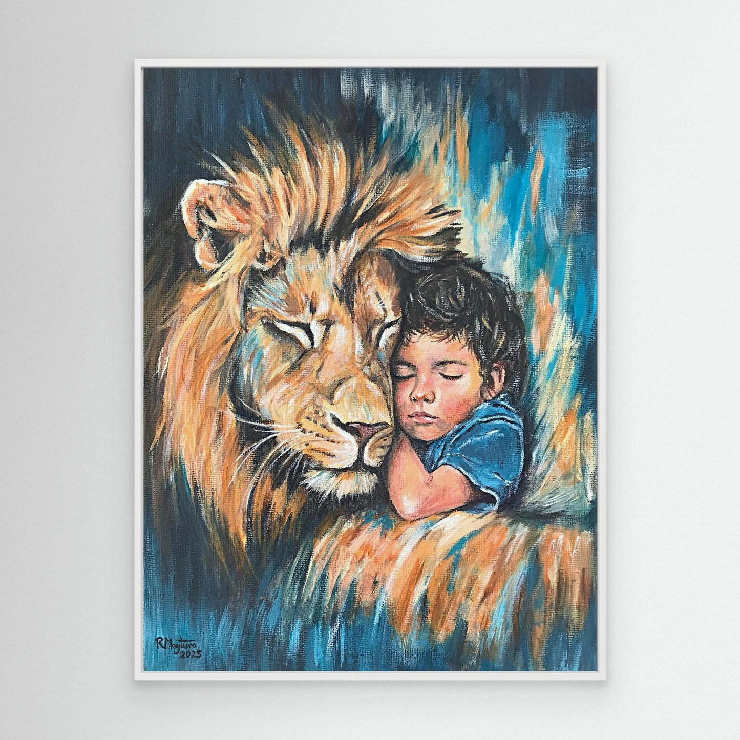 Rest in His Strength - Lion and Child Acrylic Canvas Print